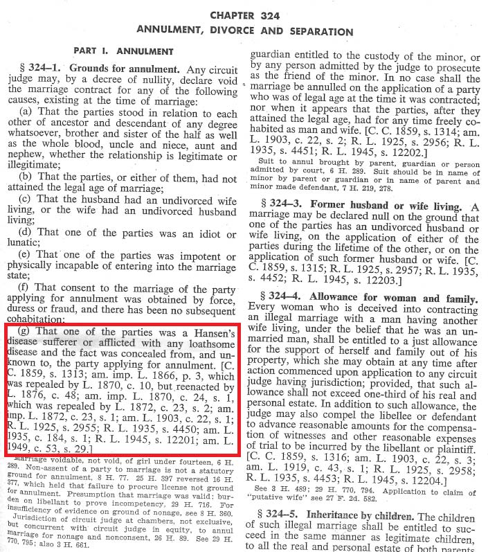 Hawaiian legal code, specifying leprosy as grounds for the annulment of a marriage.