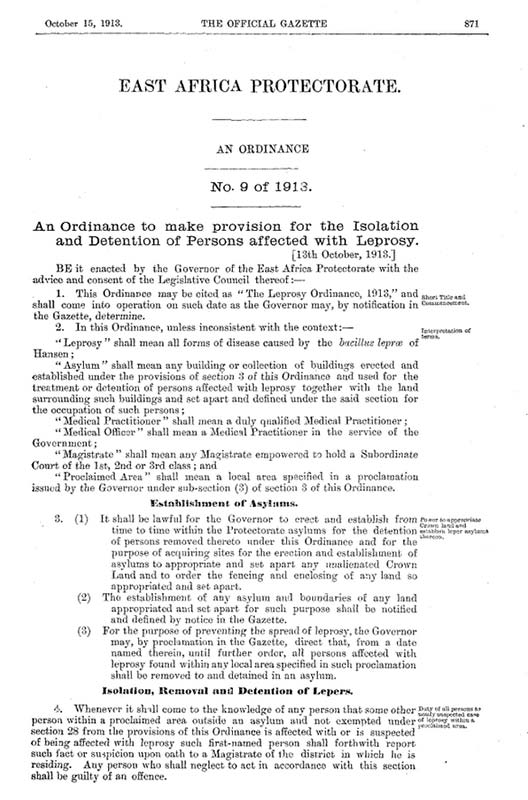 East Africa Protectorate ordinance for the isolation of people with leprosy (1913)