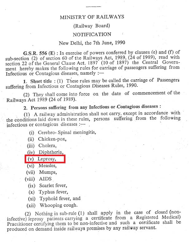 Indian legislation banning people with leprosy from rail travel.