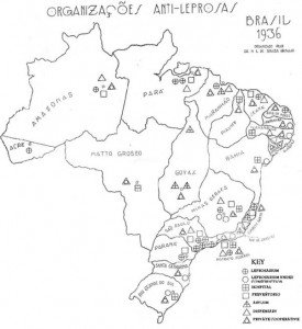 Map showing leprosy organisations in Brazil in 1936