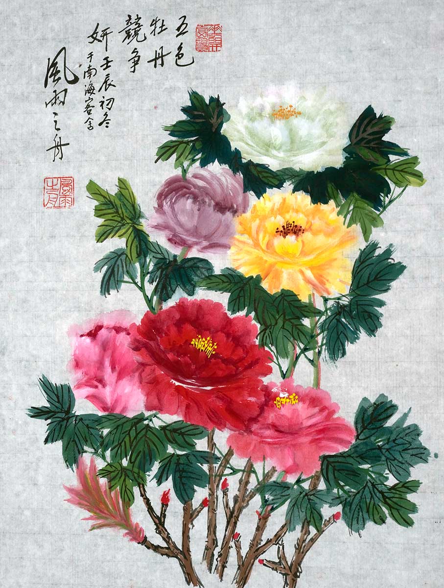 Five-color peony blossoming