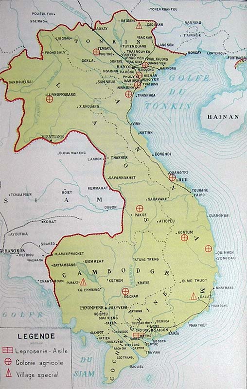 Locations of leprosaria, agricultural colonies, and leprosy villages in Cochinchine (1930s)