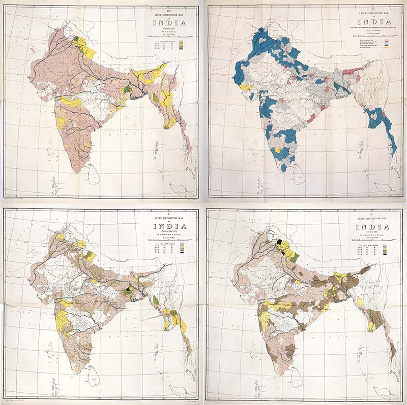 Various maps of leprosy in India produced by the Leprosy Commission