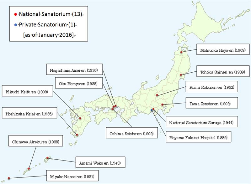 Map of leprosaria in Japan