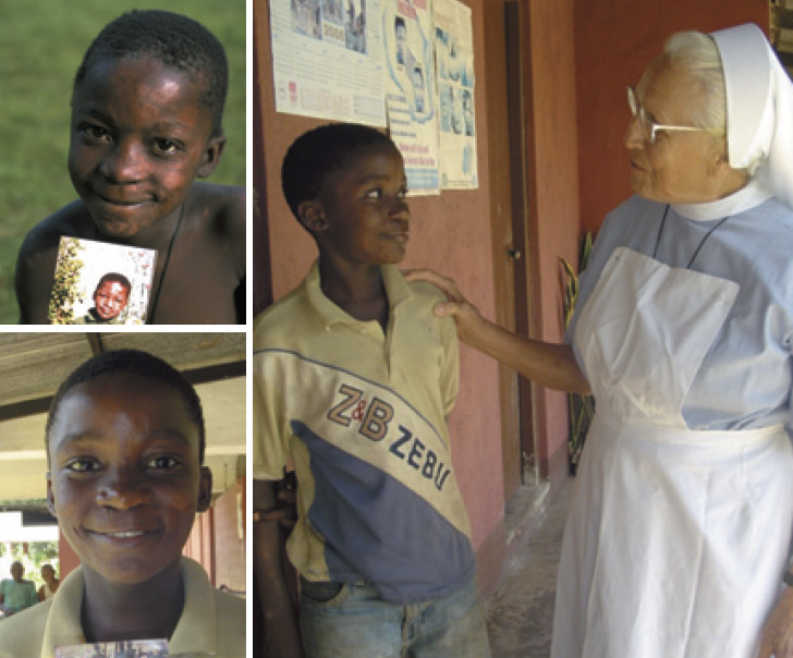 (Counterclockwise from top left) Isa in September 2001, holding a photo of himself before he began treatment; Isa in May 2005; and seen with Sister Maria Paula, also in May 2005.