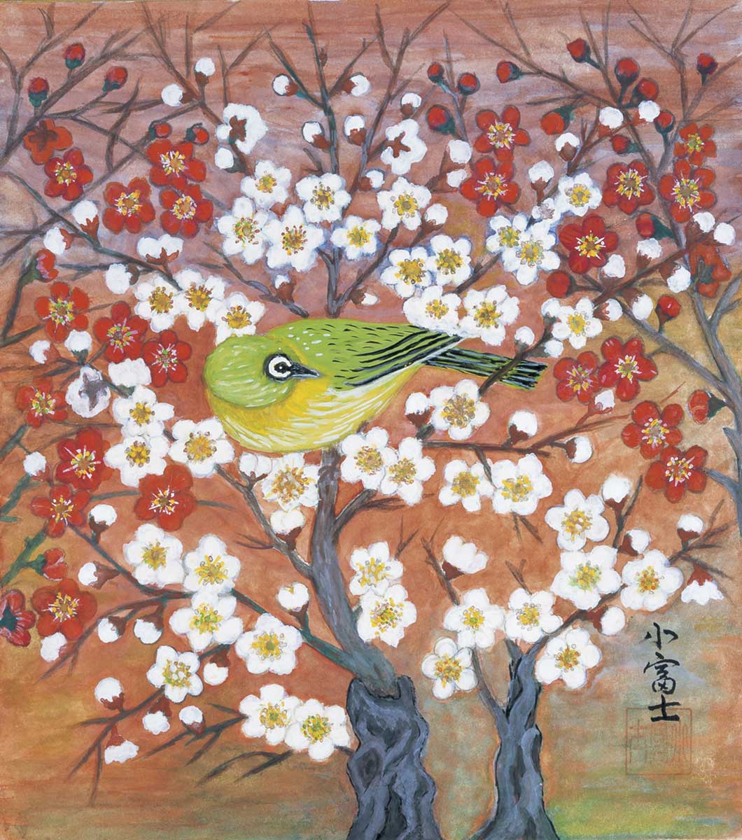 White and red plums and Japanese white-eye